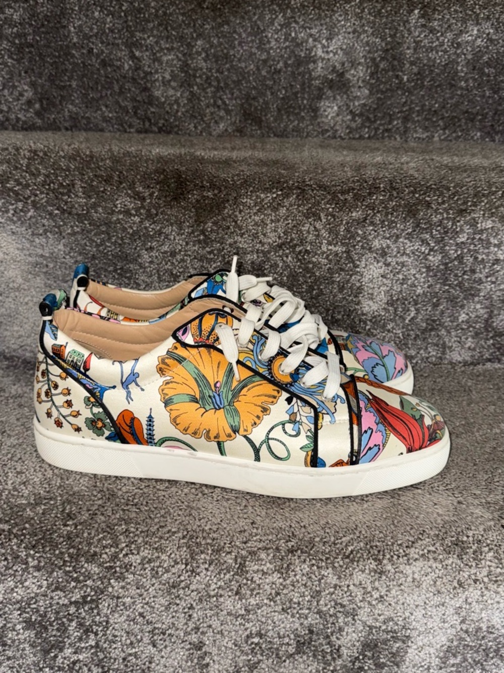 Christian Louboutin White Floral Low-Top Sneakers with Multicolor Print